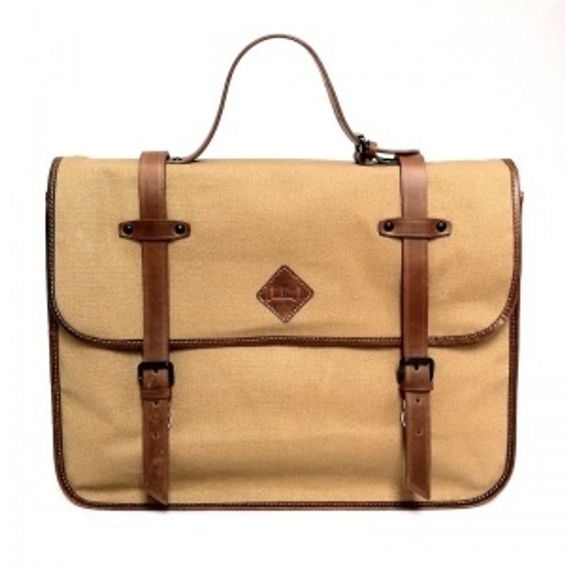 New Vintage New Classic English Retro Bag - Khaki Waterproof Canvas x Coffee Leather Bag / Side Bag / Backpack - กระเป๋าเป้สะพายหลัง - หนังแท้ สีนำ้ตาล