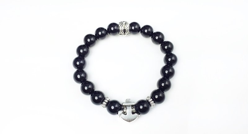 "Black Agate x Silver Anchor" - Bracelets - Other Materials Black
