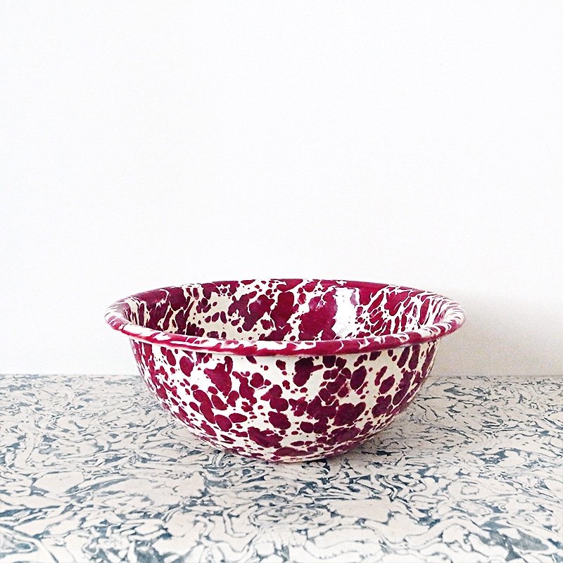 Enamel Bowl - Burgundy red and cream white marble - ถ้วยชาม - วัตถุเคลือบ สีแดง