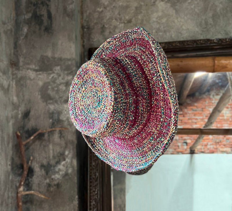 Hand Crochet Saree Wide-brimmed Round Hat_Colorful_Fair Trade - หมวก - วัสดุอื่นๆ หลากหลายสี