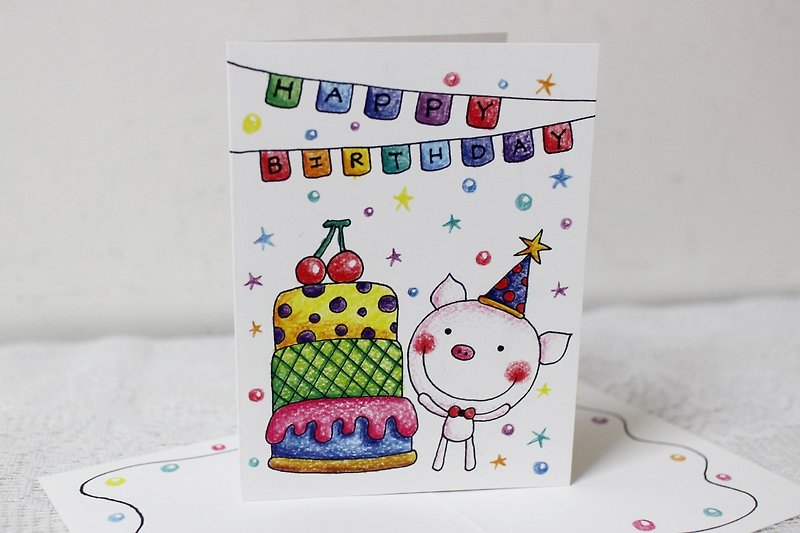 Illustrator big card _ birthday card (piggy cake) - Cards & Postcards - Paper 