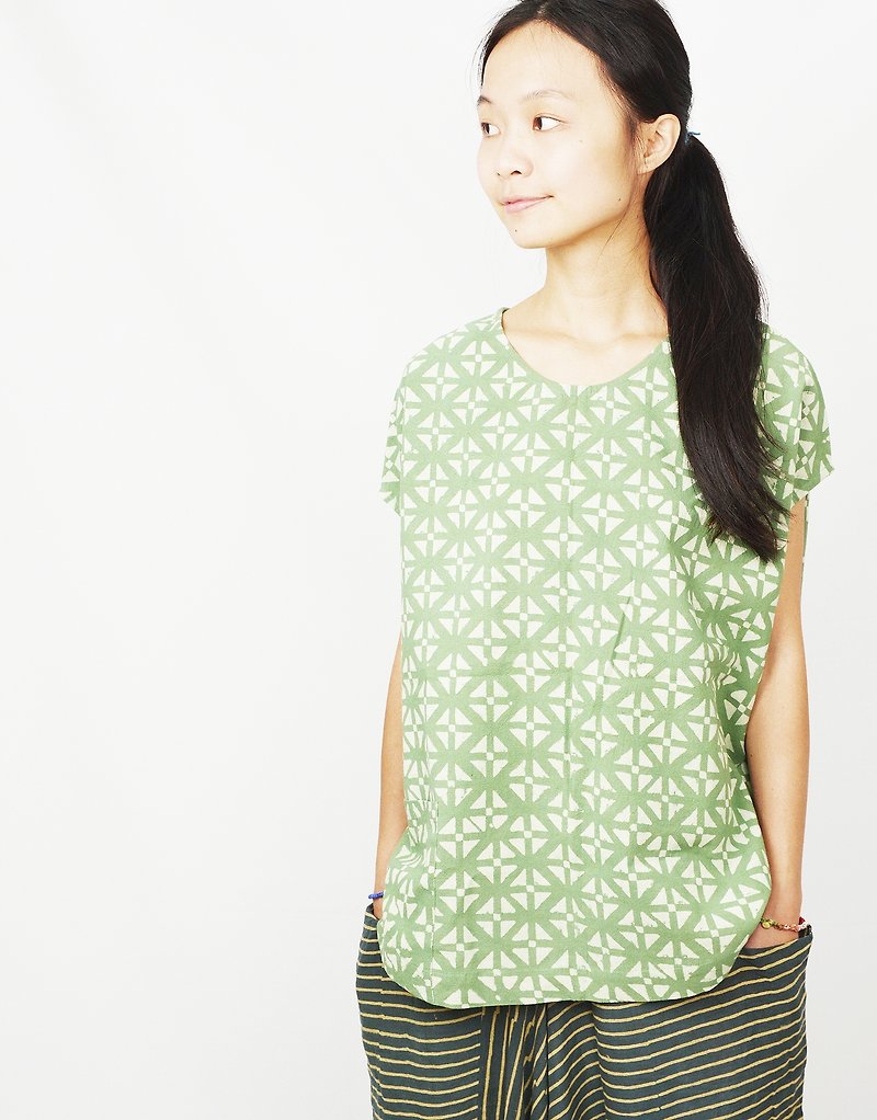 木刻印仿古地磚上衣＿公平貿易 - One Piece Dresses - Other Materials Green