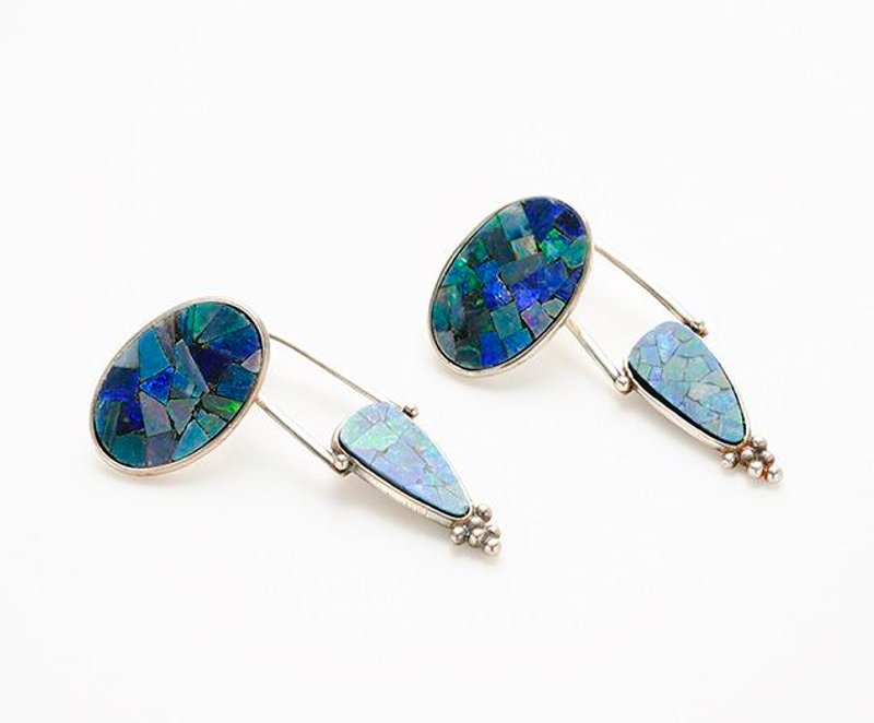 Mosaic opal earrings (2way) - ต่างหู - โลหะ สีน้ำเงิน