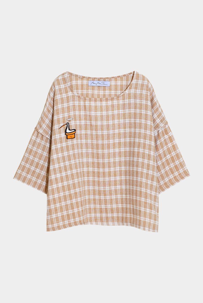 [A] the last words are keeping everything inside the head / longirostravis tea plaid shirt - เสื้อยืดผู้หญิง - ผ้าฝ้าย/ผ้าลินิน สีนำ้ตาล