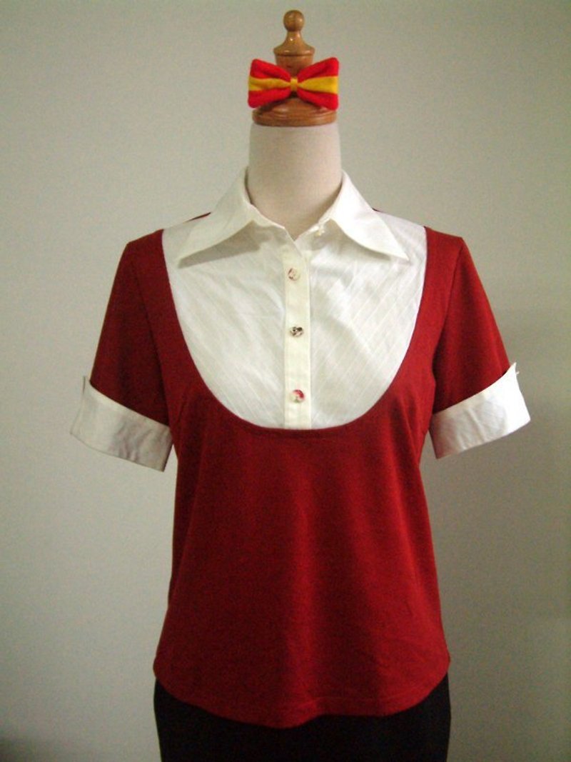 針織剪接短袖上衣(暗紅) - 毛衣/針織衫 - 其他材質 紅色