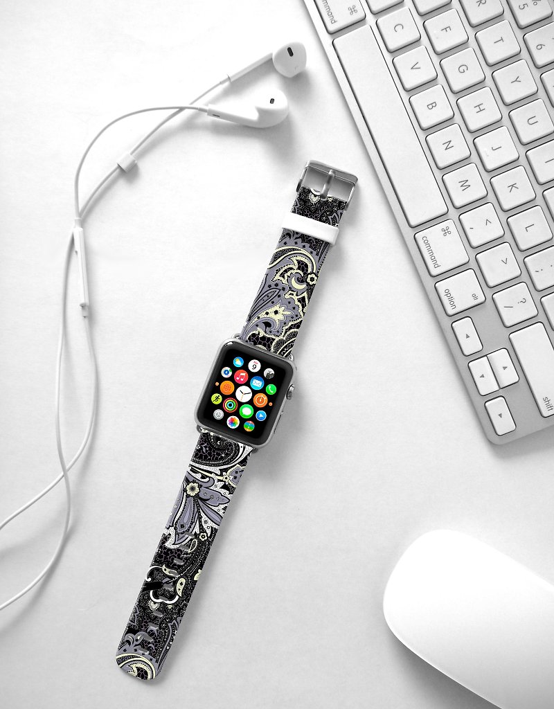 Apple Watch Series 1 , Series 2, Series 3 - Black Floral Watch Strap Band for Apple Watch / Apple Watch Sport - 38 mm / 42 mm avilable - สายนาฬิกา - หนังแท้ 