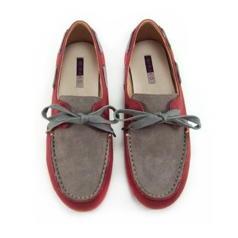 Two Tone Boat Shoes M1106A GreyBurgundy - รองเท้าอ็อกฟอร์ดผู้หญิง - ผ้าฝ้าย/ผ้าลินิน สีเทา
