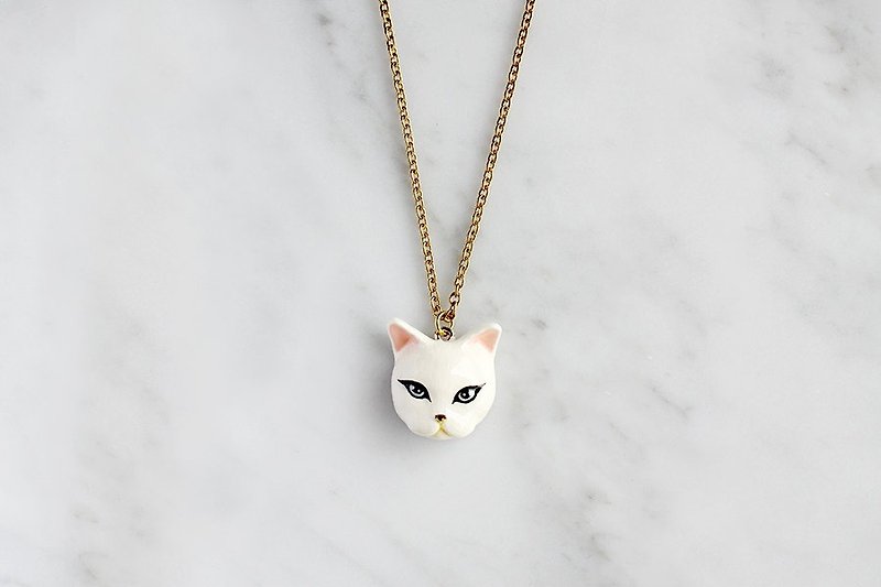 Plub Cat Necklace, White cat Necklace, Fun Cat Necklace - Necklaces - Copper & Brass White