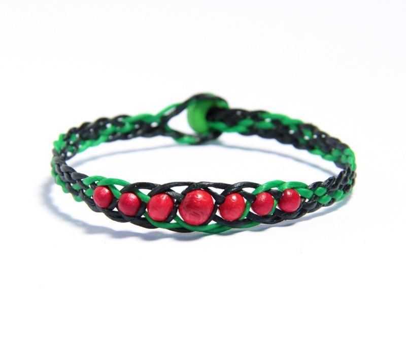 玄青赤珠 蠶絲蠟線手環 - Bracelets - Waterproof Material Red