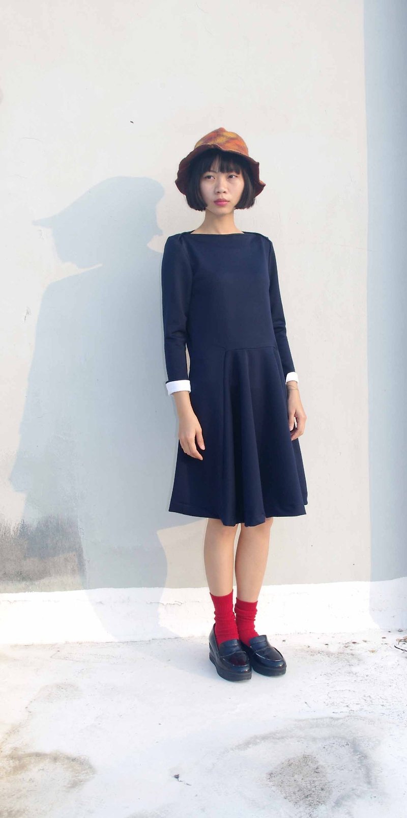 4.5studio- independent hand-made by FU- calm temperament collar turned blue long-sleeved knit sleeve dress waves - One Piece Dresses - Other Materials Blue