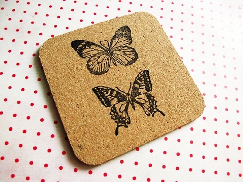 Apu handmade chapter stamping illustration wind butterfly square cork coaster / insulation pad C section - Coasters - Cork & Pine Wood 