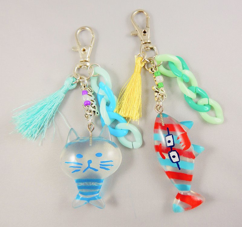 <god leading> 手作可愛 鑰使圈 吊飾 透明 日本貓 喵 金魚 key chain - ที่ห้อยกุญแจ - วัสดุอื่นๆ สีแดง