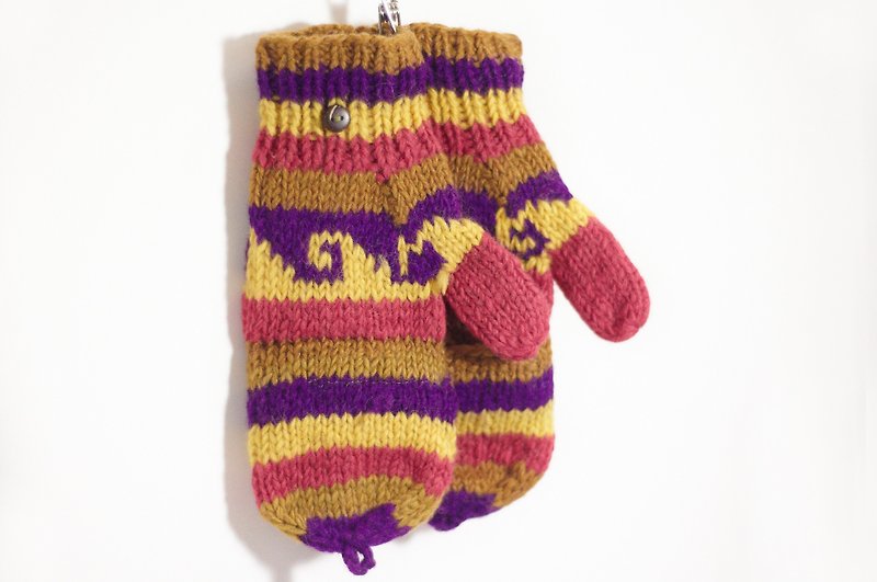 新年禮物 限量一件手織純羊毛針織手套 / 可拆卸手套 / 內刷毛手套 / 保暖手套 - 桃紅紫色童趣民族圖騰 - 手套/手襪 - 其他材質 多色