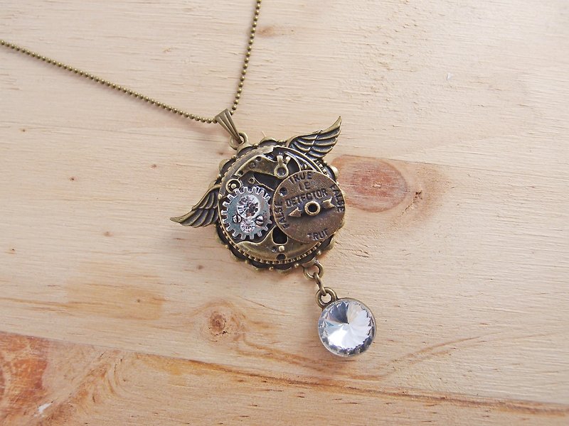 Steampunk. Wings rhinestone gear clock x handmade vintage long necklace - สร้อยคอยาว - วัสดุอื่นๆ สีนำ้ตาล