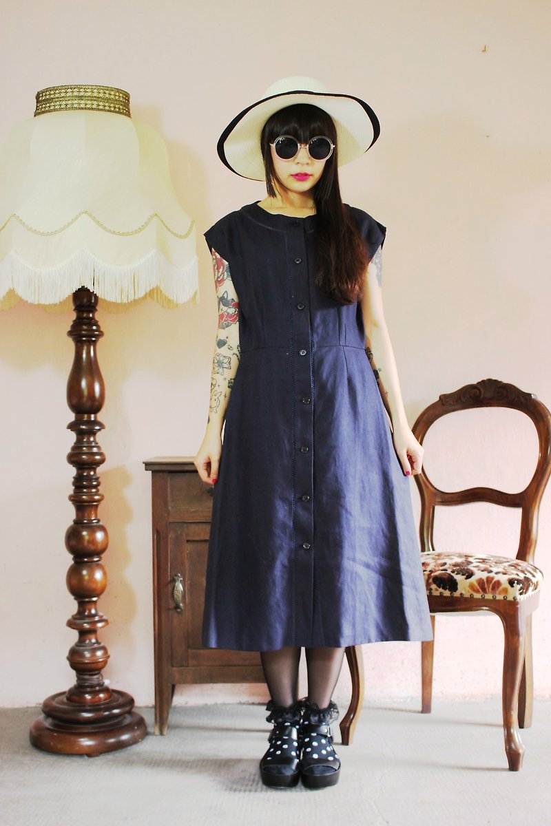 F1020 (Vintage) Simple breasted dark blue vintage dress - One Piece Dresses - Other Materials Blue