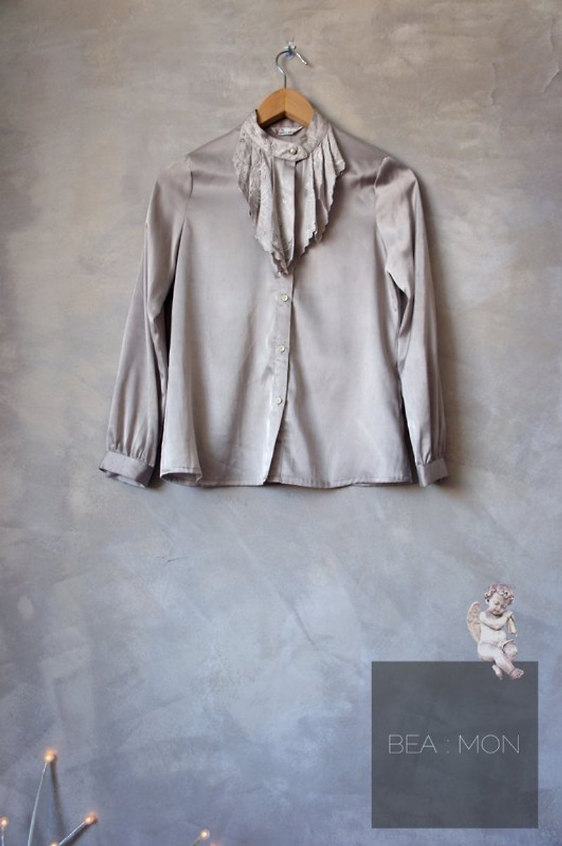 灰色緞質蕾絲刺繡領結襯衫 古著 - 女襯衫 - 其他材質 灰色