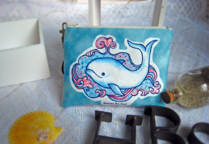 Whale coming out of a fountain of hope coin purses (big size) - กระเป๋าใส่เหรียญ - เส้นใยสังเคราะห์ สีน้ำเงิน