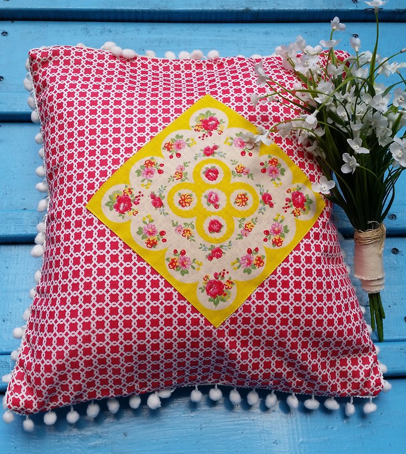 Nordic red geometric figure with yellow bottom rose white small fur ball pillow pillow cushion cushion pillowcase - หมอน - วัสดุอื่นๆ สีแดง
