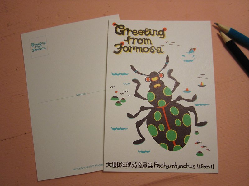 版画風ポストカード -- 大圓班球背象鼻蟲 - カード・はがき - 紙 ブラウン