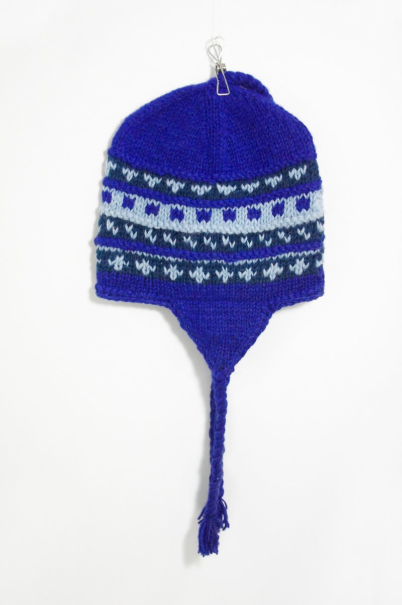 情人節禮物 手工針織純羊毛帽 / 手工內刷毛毛帽 / 針織毛帽 / 飛行毛帽 / 毛線帽 - 藍色條紋圖騰 ( 手工限量一件 ) - 帽子 - 其他材質 藍色