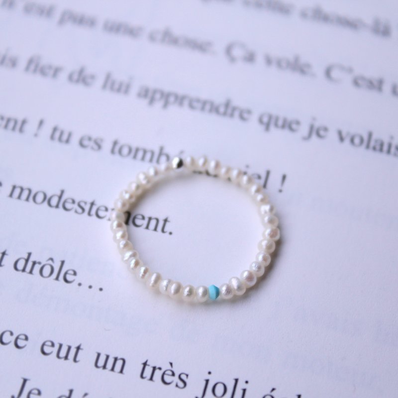 Journal(字母P- Pearl細緻軟戒指)-純銀手作、藍松石、天然珍珠 - 戒指 - 其他材質 藍色