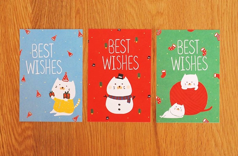 *Mori Shu*聖誕貓咪套裝組（3入/含信封） - 心意卡/卡片 - 紙 紅色
