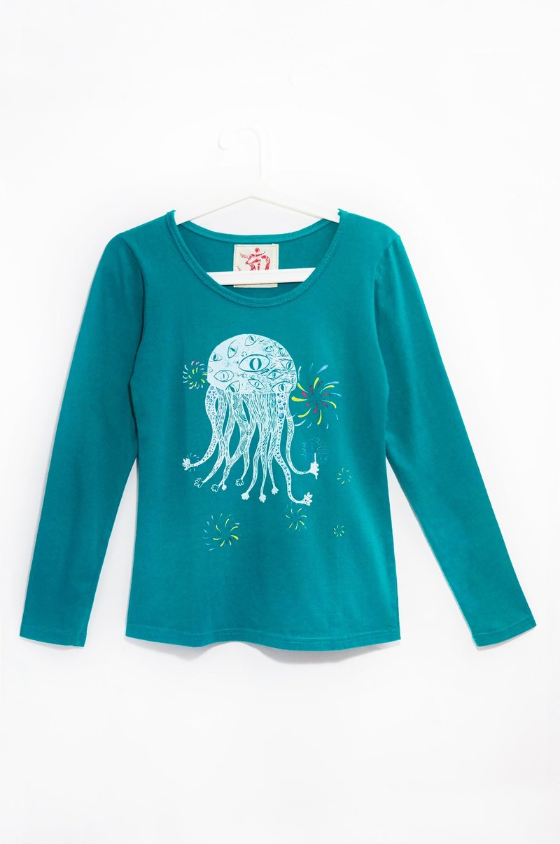 Feel the fresh wind cotton long-sleeved shirt / travel T- want to go to the beach to play (blue-green) - Women's Tops - Cotton & Hemp Blue