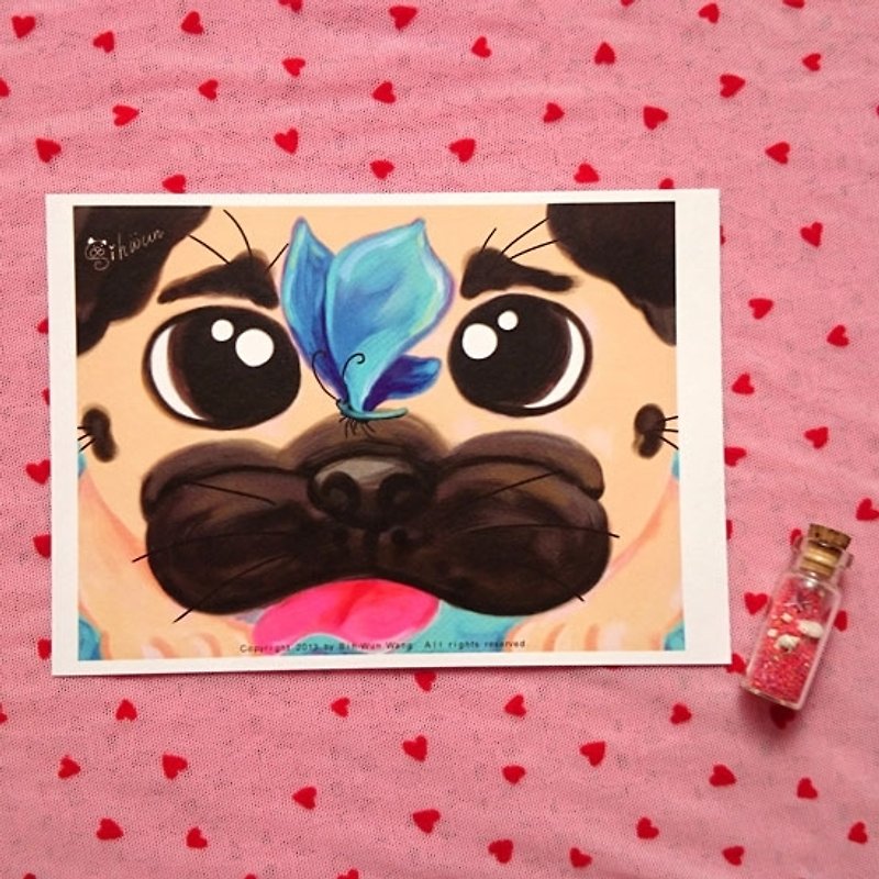 Pug Postcard-The Lucky Butterfly - การ์ด/โปสการ์ด - กระดาษ ขาว