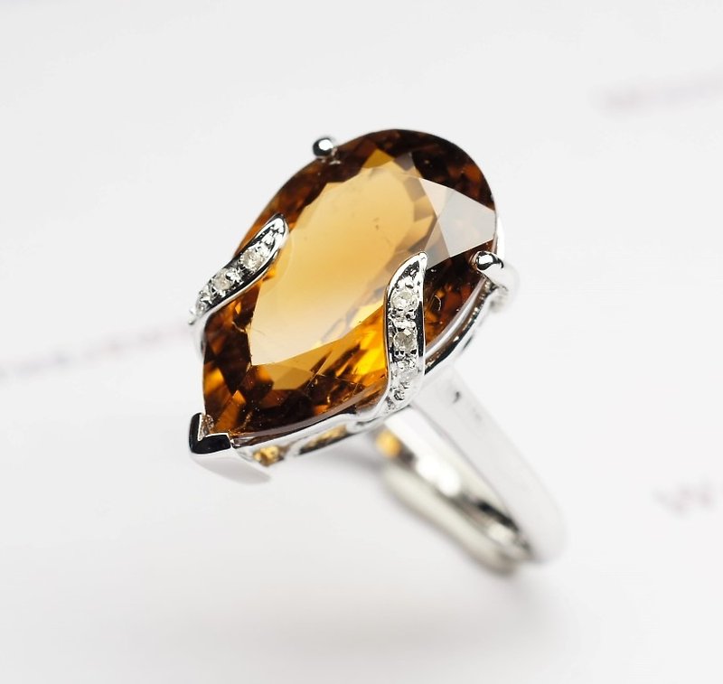 14K White Gold Pear Shape Whiskey Color Tourmaline Diamond Ring - Free Shipping - General Rings - Gemstone Orange