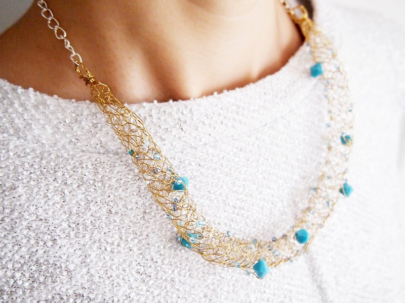 Fresh N107 custom hand braided Bronze wire with yellow lake blue acrylic beads necklace - สร้อยคอ - วัสดุอื่นๆ สีเหลือง