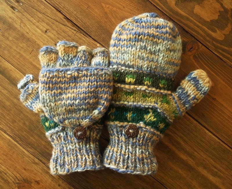 羊毛編織手套 單線編織 合手款 藍紫+綠 - 手套 - 羊毛 多色