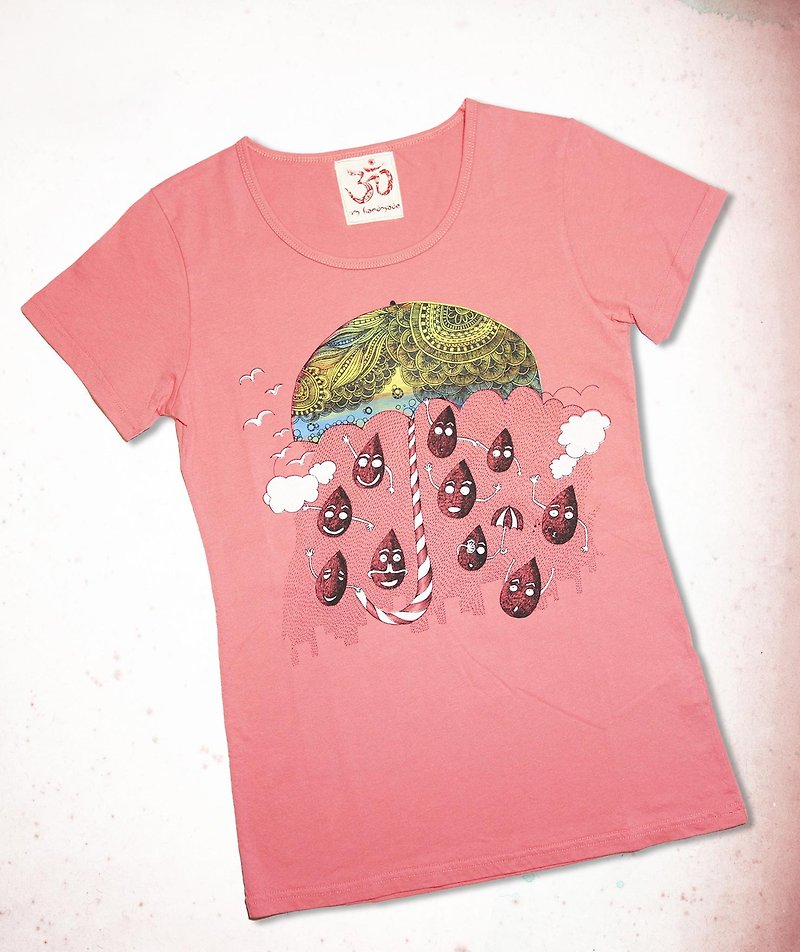 手感夏日純棉旅行T-雨季的慶典(粉橘) - T 恤 - 棉．麻 粉紅色