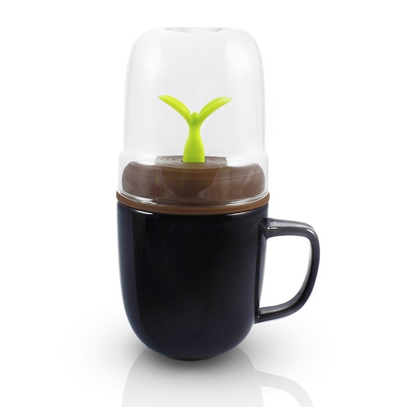 dipper 1++ double cup set (black cup + coffee cover + green sprout stir bar) - แก้วมัค/แก้วกาแฟ - แก้ว สีดำ
