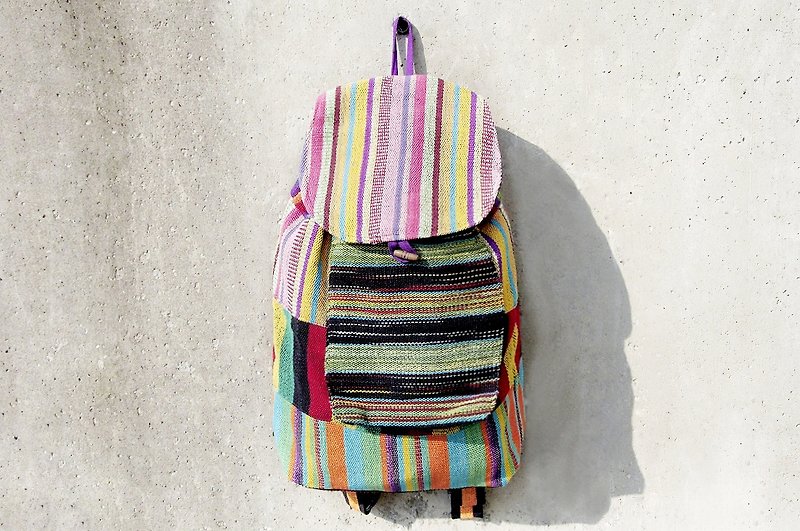 墨西哥風肩背包 boho帆布包 波希米亞編織手感後背包-熱帶色彩拼 - 後背包/書包 - 棉．麻 多色