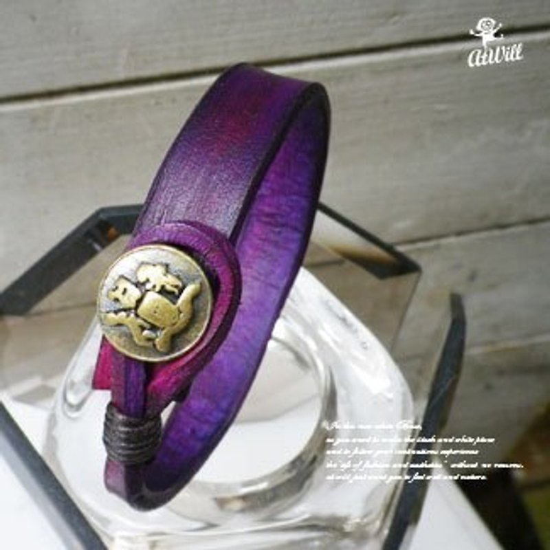 atwill. SHAPE Handmade Native Brush Color Nail Button Leather Bracelet/Deep Purple x Yellow Bronze - สร้อยข้อมือ - หนังแท้ สีม่วง