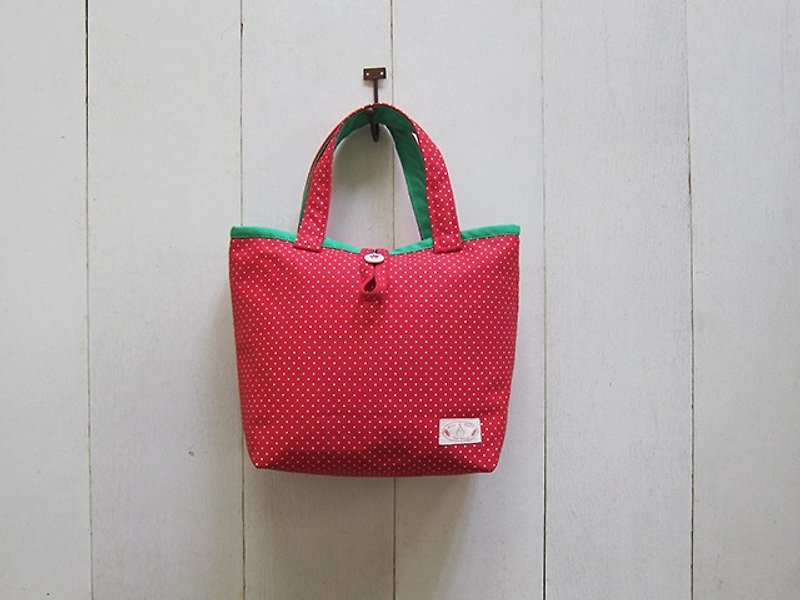 Macaron Collection: Canvas Tote - Small size (Wood Button Closure) White Dot + Graee Green - Handbags & Totes - Other Materials Multicolor