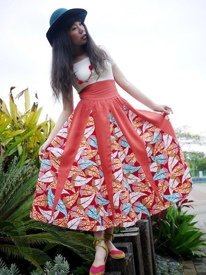Post Free Shipping! Yang Ga African fabric stitching circle skirts - Skirts - Cotton & Hemp Pink