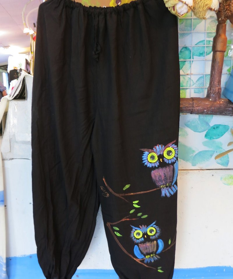 Hand dyed cotton owl painted Linen pants (neutral style / trousers / pants) - กางเกงขาสั้น - ผ้าฝ้าย/ผ้าลินิน 