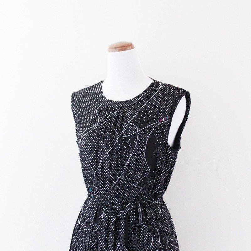 [RE0812D487] black geometric lines vintage dot sleeveless dress - ชุดเดรส - วัสดุอื่นๆ สีดำ