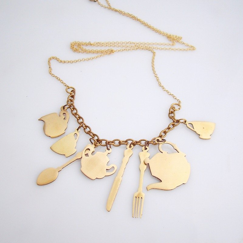 Tea set necklace in brass with and enamel color - สร้อยคอ - โลหะ 