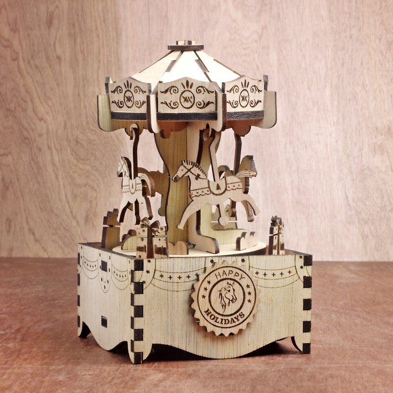 KOKOMU Wind up Carousel Music Box, Merry-go-round, 3d wooden puzzle. - Wood, Bamboo & Paper - Wood Gold