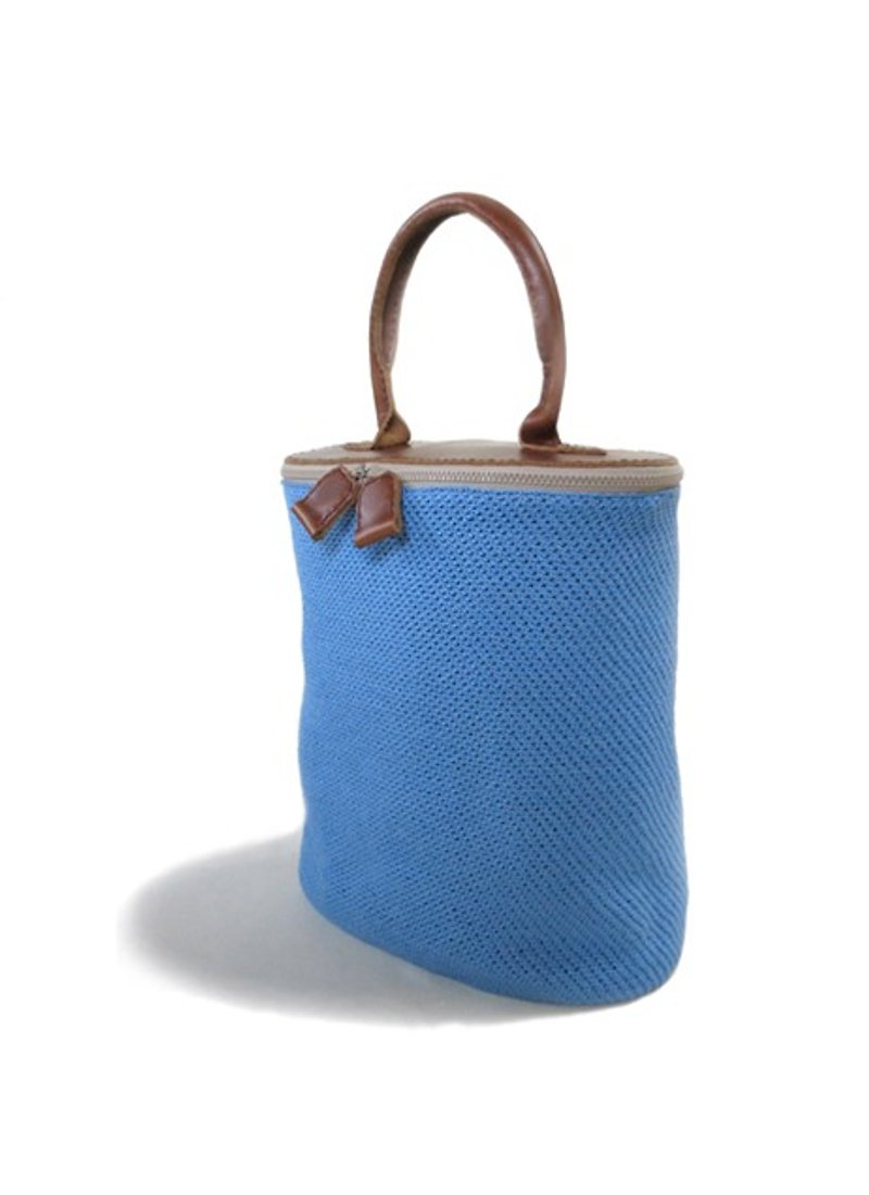 Marrii / hand-woven oval cylinder bag / leather bottom / blue blue - กระเป๋าถือ - วัสดุอื่นๆ สีน้ำเงิน