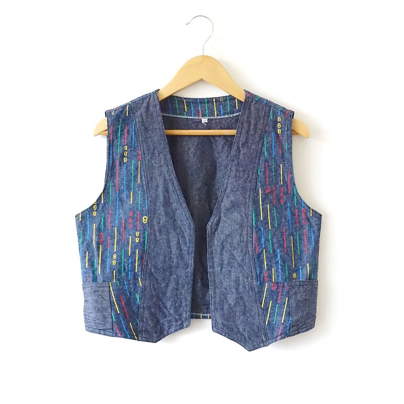 BajuTua / vintage / color line dark without deduction vest loaded single Ningxi - เสื้อกั๊กผู้หญิง - ผ้าฝ้าย/ผ้าลินิน สีน้ำเงิน
