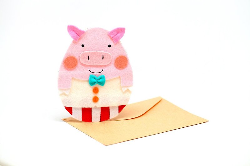 【布卡】領結小豬不織布手工卡片 - 心意卡/卡片 - 其他材質 粉紅色