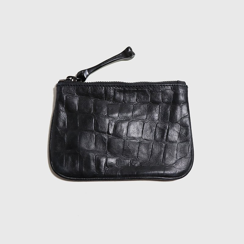 HÉRISSON D&#39;OR Double Key Case Wallet - Black Leather Embossed Crocodile Pattern