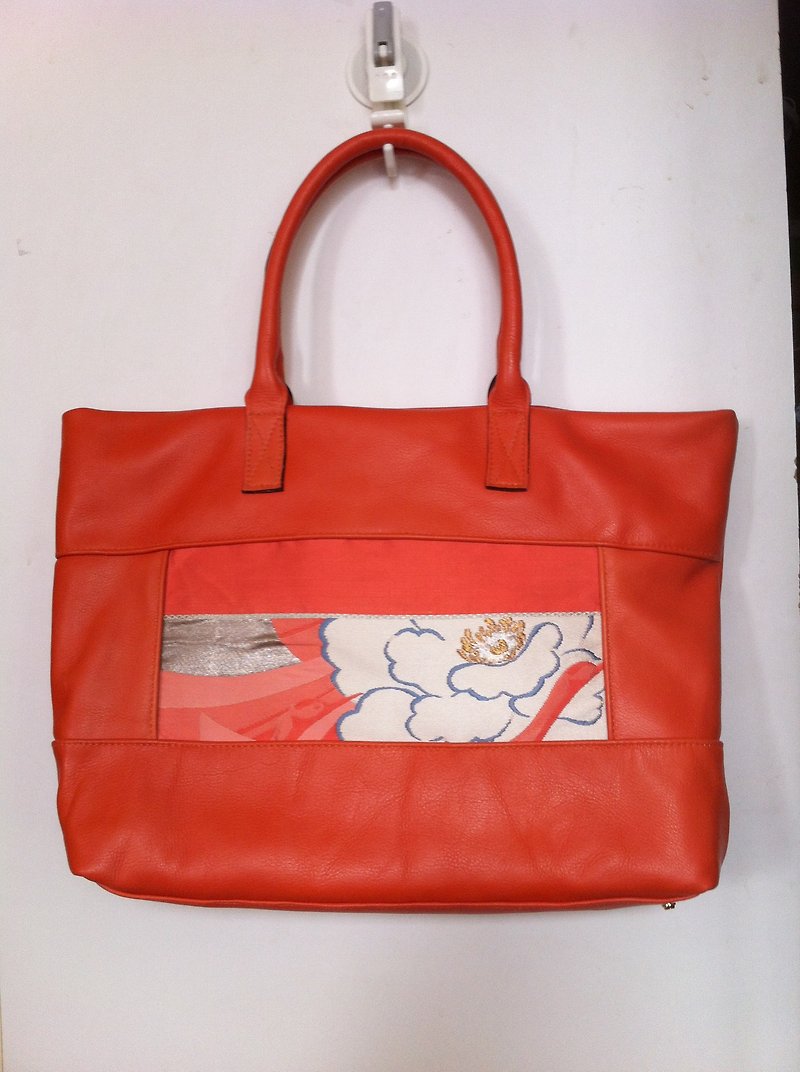 色選び 日本の着物生地 和装着物 革ハンドバッグ- - トート・ハンドバッグ - 革 オレンジ