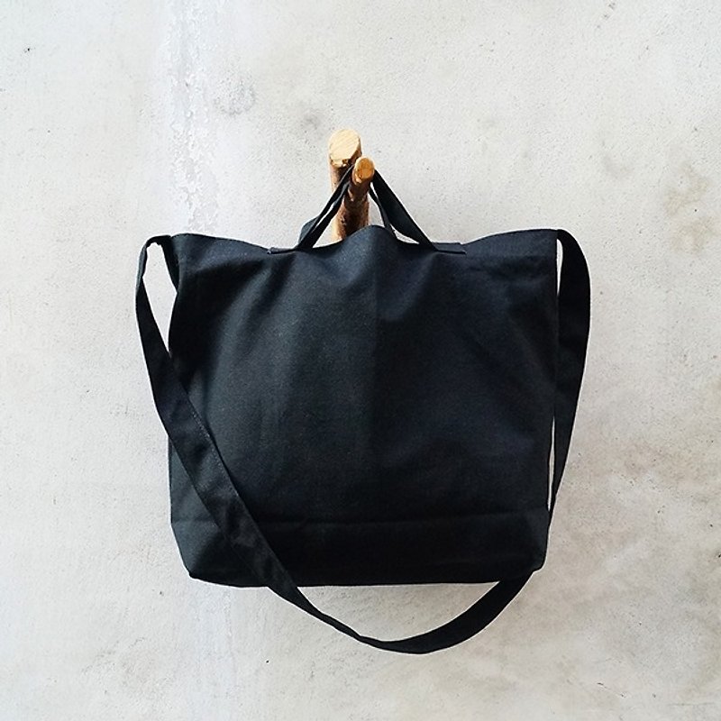【無地】黒ショートハンドル横型兼用バッグ | 調節可能なロングストラップ_台湾製キャンバスバッグ - ショルダーバッグ - その他の素材 ブラック