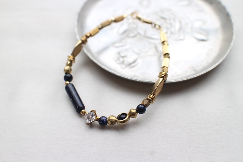 Zircon/ blue sandstone/ brass handmade bracelet - Bracelets - Other Metals 