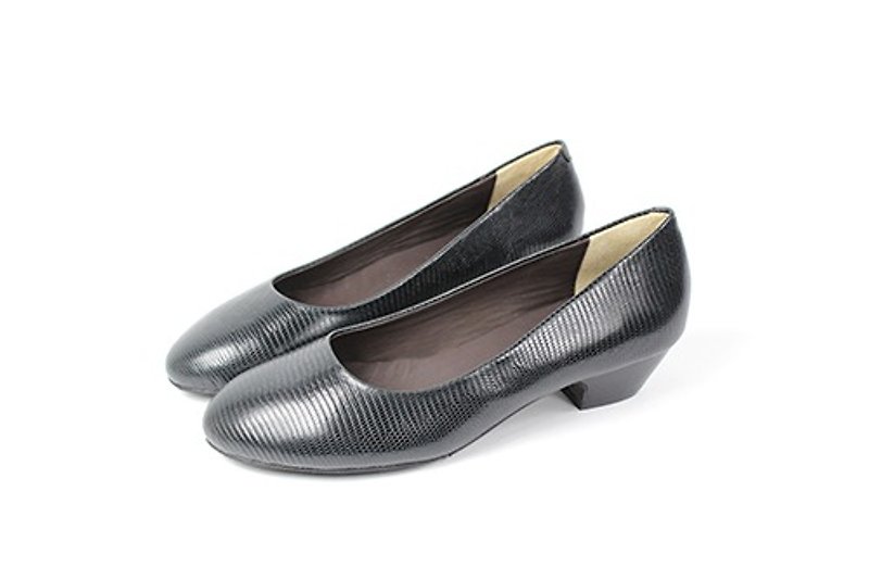 Black lizard all-match low heel shoes - รองเท้าส้นสูง - หนังแท้ สีดำ