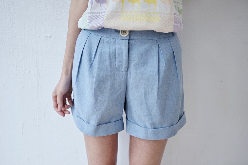 SUMI PLUS + Handmade Classic reflexed classic powder blue shorts ◆ 3SF251_ - กางเกงขายาว - ผ้าฝ้าย/ผ้าลินิน สีน้ำเงิน